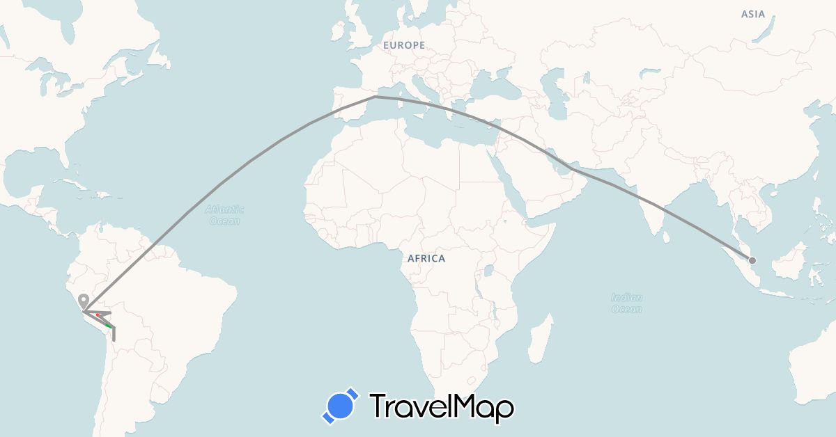 TravelMap itinerary: driving, bus, plane, hiking in United Arab Emirates, Bolivia, Spain, Peru, Singapore (Asia, Europe, South America)